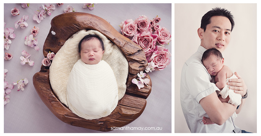 newborn baby girl in bowl and with dad